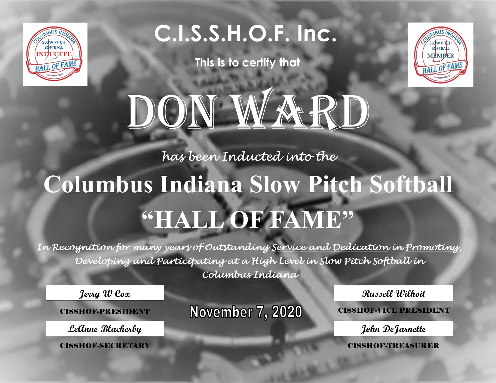 Don Ward Columbus Indiana Slow Pitch Softball Hall of Fame