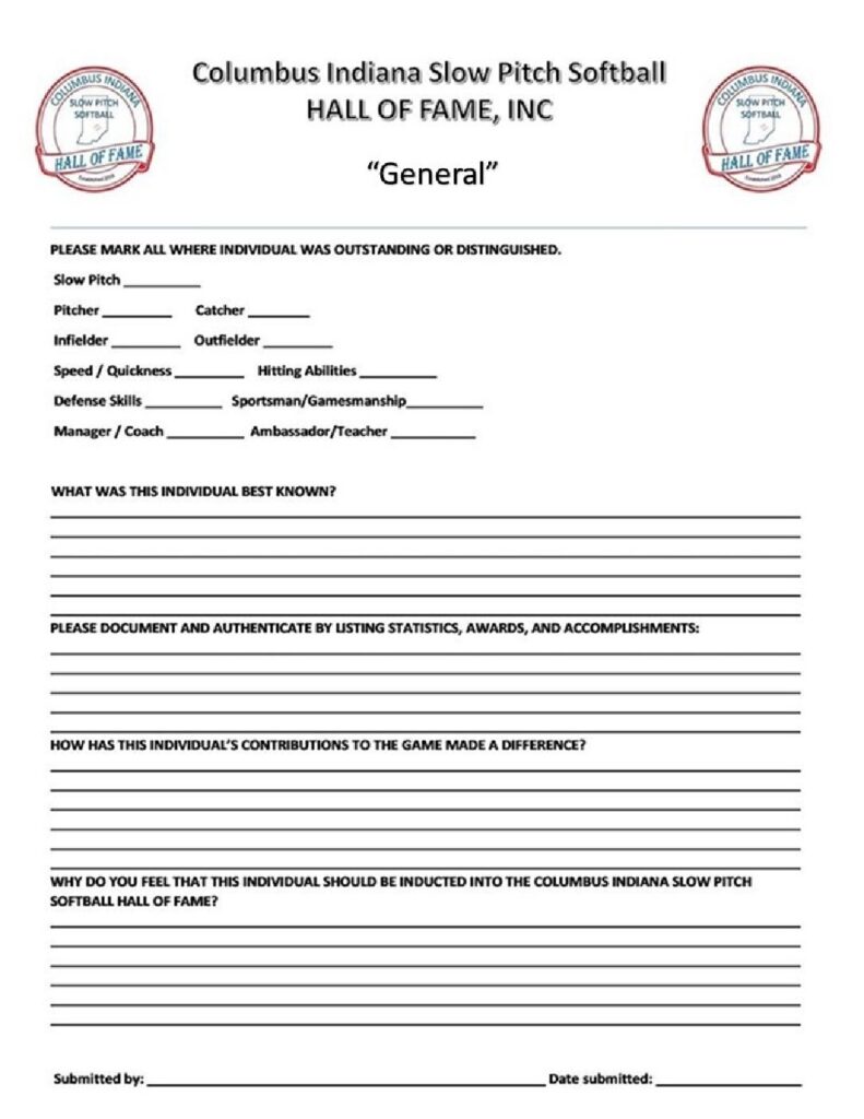General Columbus Indiana Slow Pitch Softball Hall of Fame